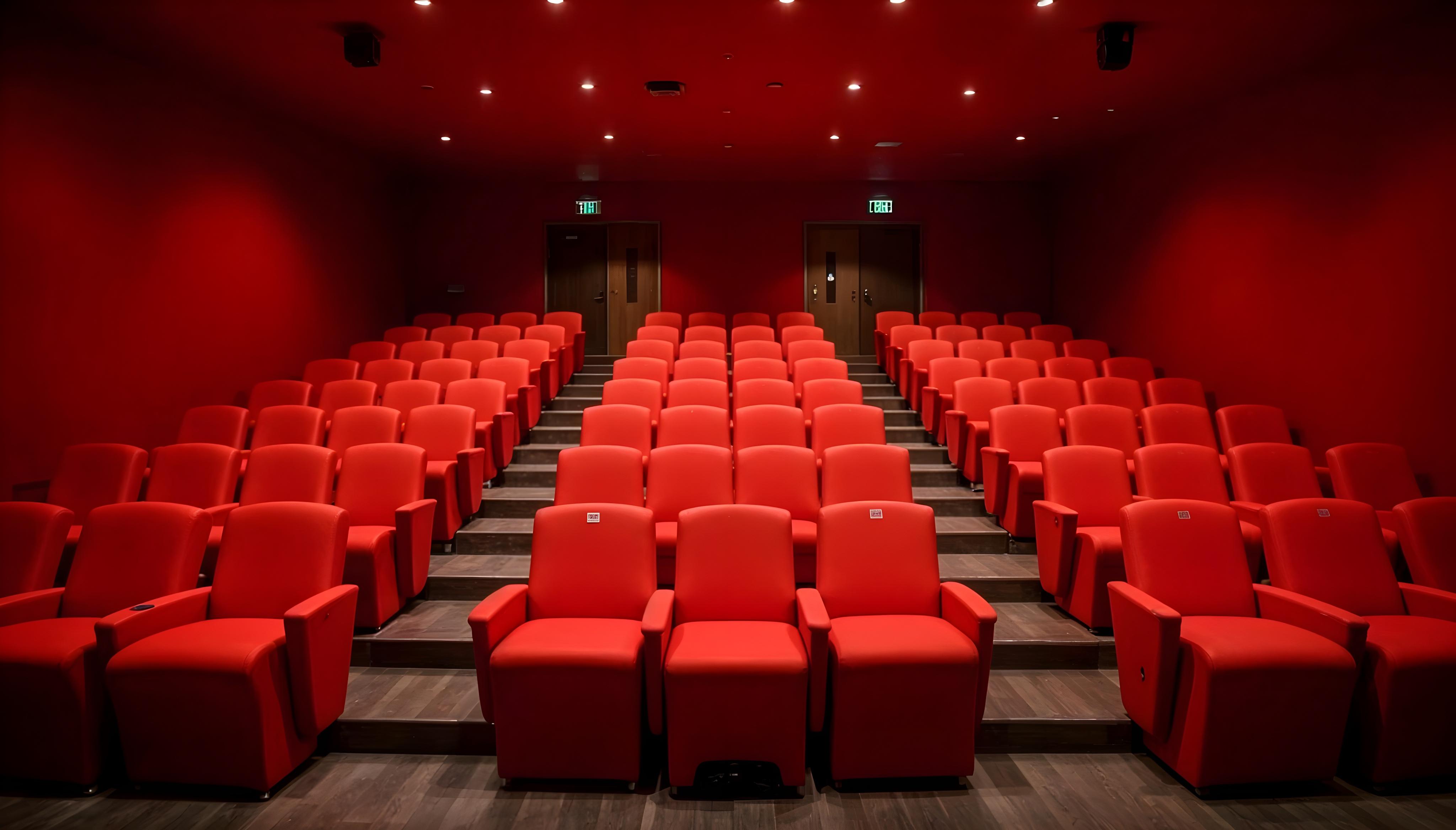 The image shows the interior of a movie theater or auditorium. The room has rows of teal-colored seats filling the space, facing a large projection screen at the front. The walls and ceiling are painted a dark teal color, creating a moody, immersive atmosphere. The seating area is divided by aisles, and there are exit signs visible on the side walls. The overall design and layout suggest this is a modern, high-tech entertainment venue.