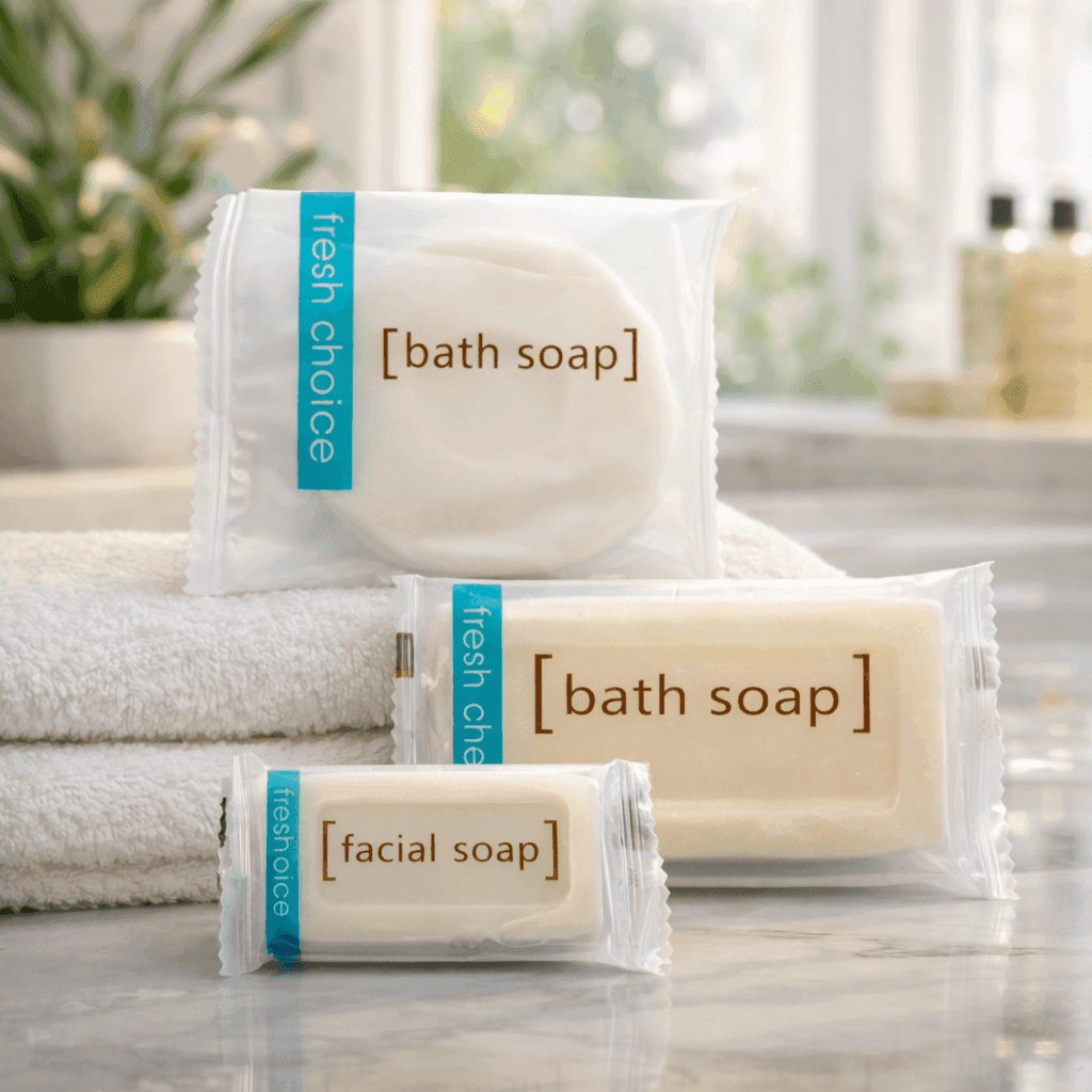 Fresh Choice hotel amenities bar soap collection including bath and facial soaps displayed on towels in a clean, bright bathroom setting