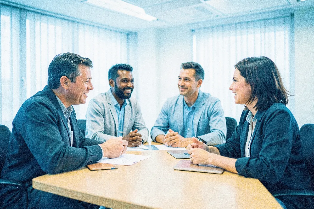 A diverse group of healthcare professionals in a meeting, discussing charts and graphs on a table.