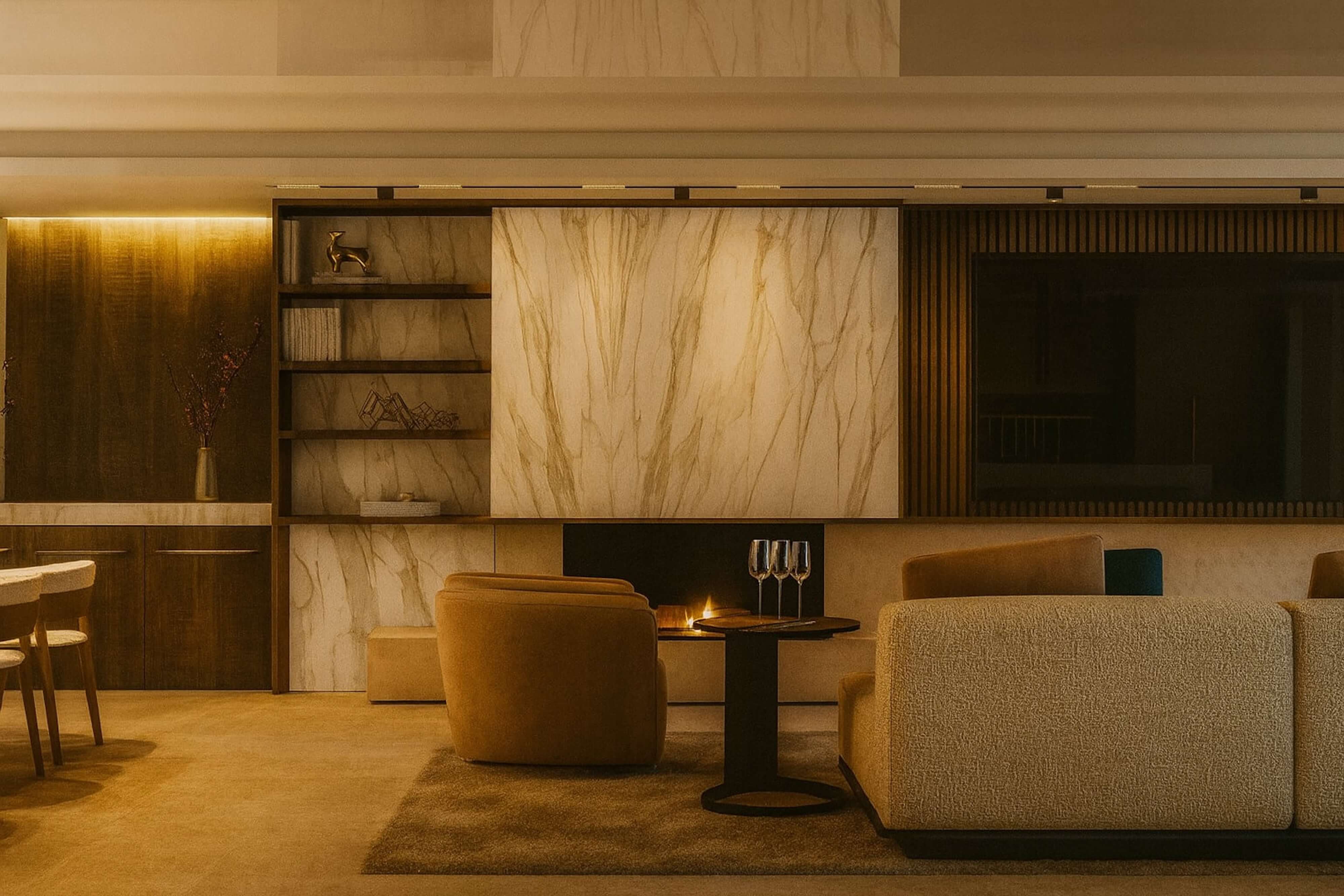 Sophisticated lounge with plush amber swivel chairs, a marble-clad fireplace, and built-in shelving that adds warmth and architectural balance to the open-plan interior.