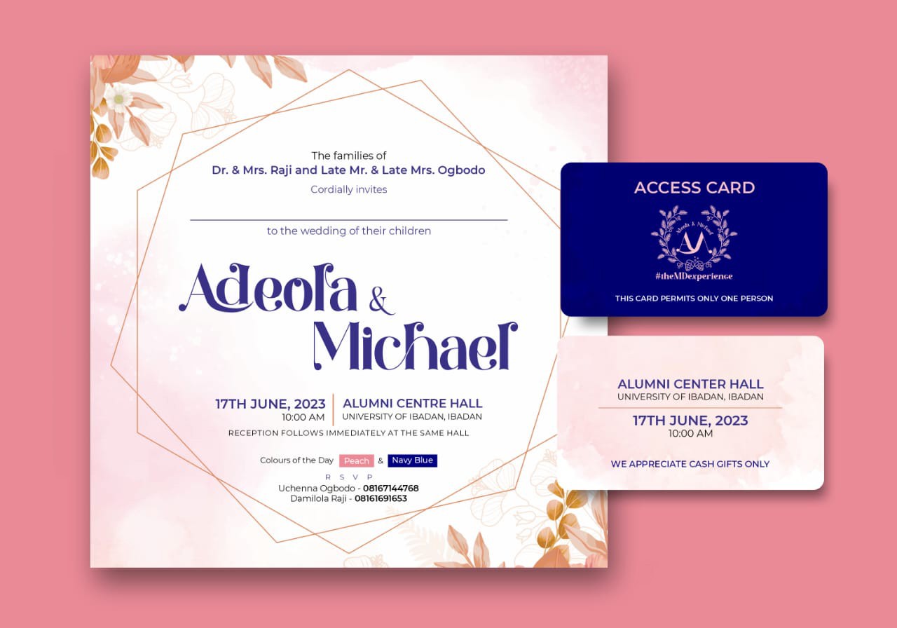 Elegant wedding invitation and access card design featuring a soft romantic theme, ornate typography, and a minimalist layout for a premium event experience.