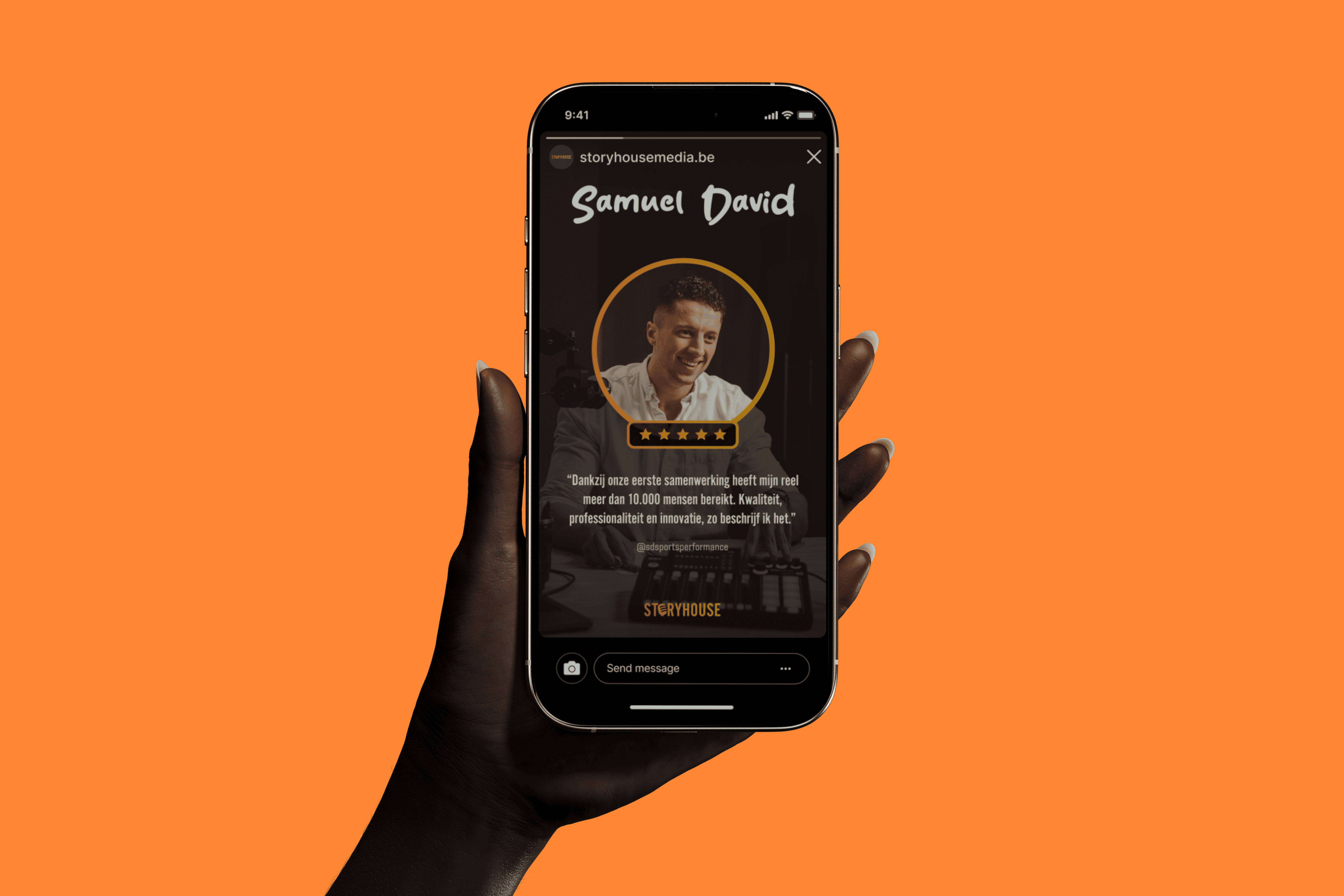 Hand holding a smartphone displaying a Storyhouse Media Instagram story with a client testimonial.