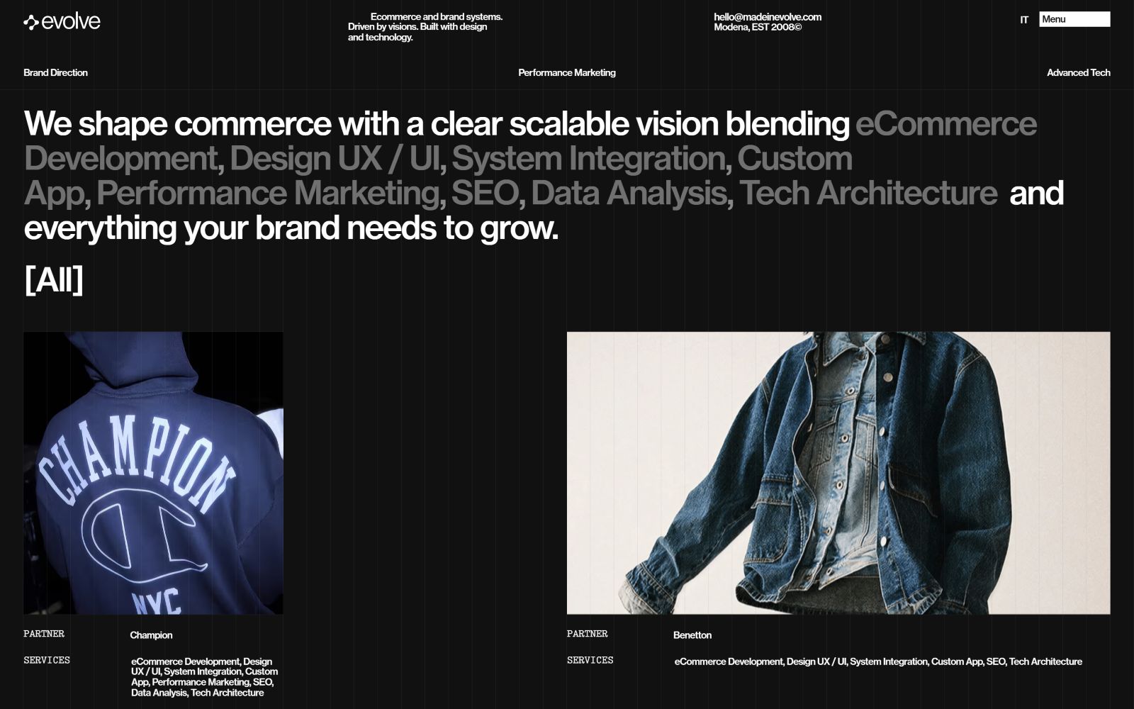 Black background with white text detailing services like eCommerce and SEO. Left: Blue jacket with "CHAMPION" text. Right: Denim jacket.