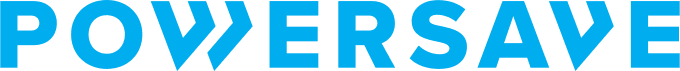 Logo of Powersave. Text displayed in bold, with a light blue color against a gray background.