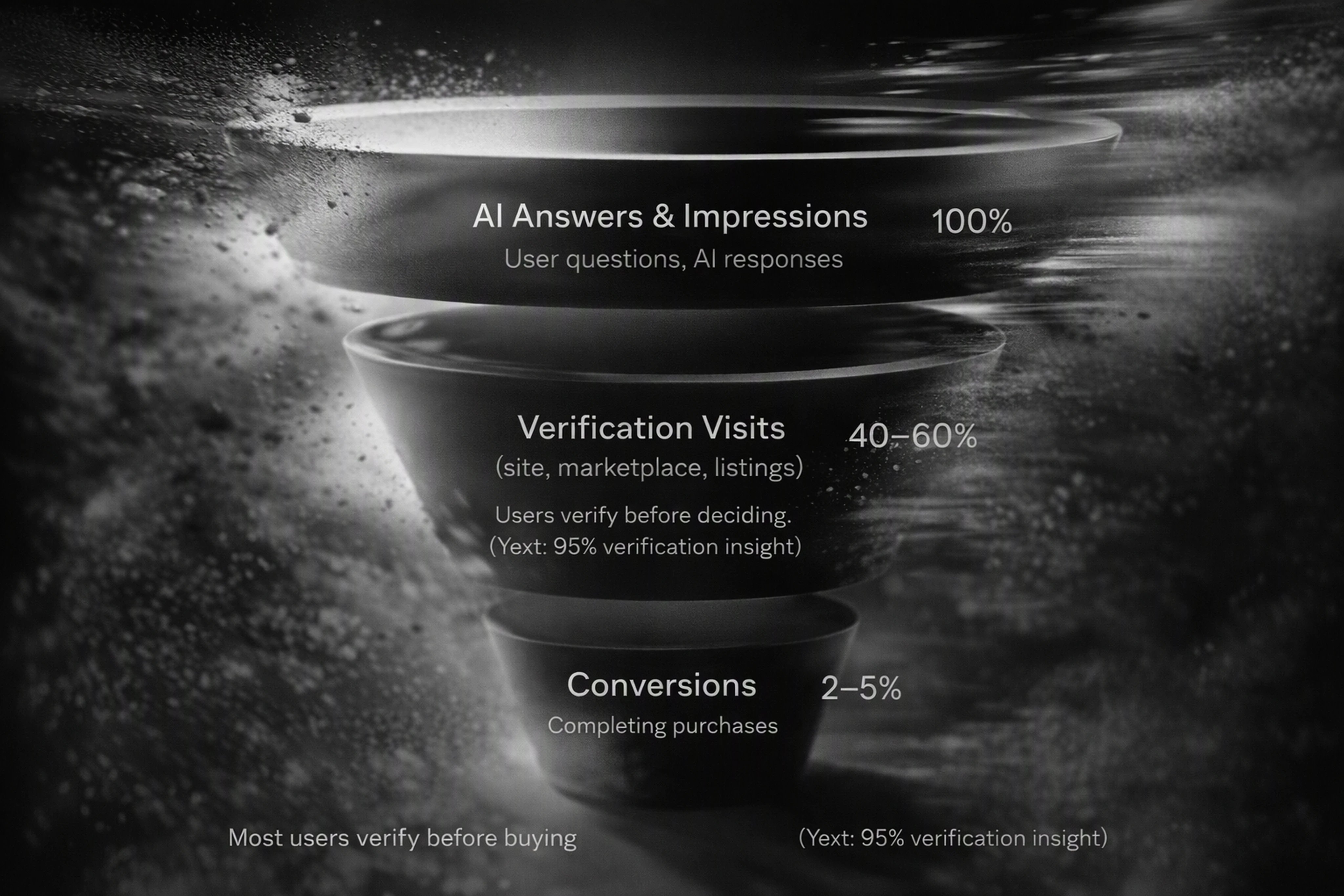 Funnel chart showing AI impressions leading to verification visits and conversions in the AI visibility journey.