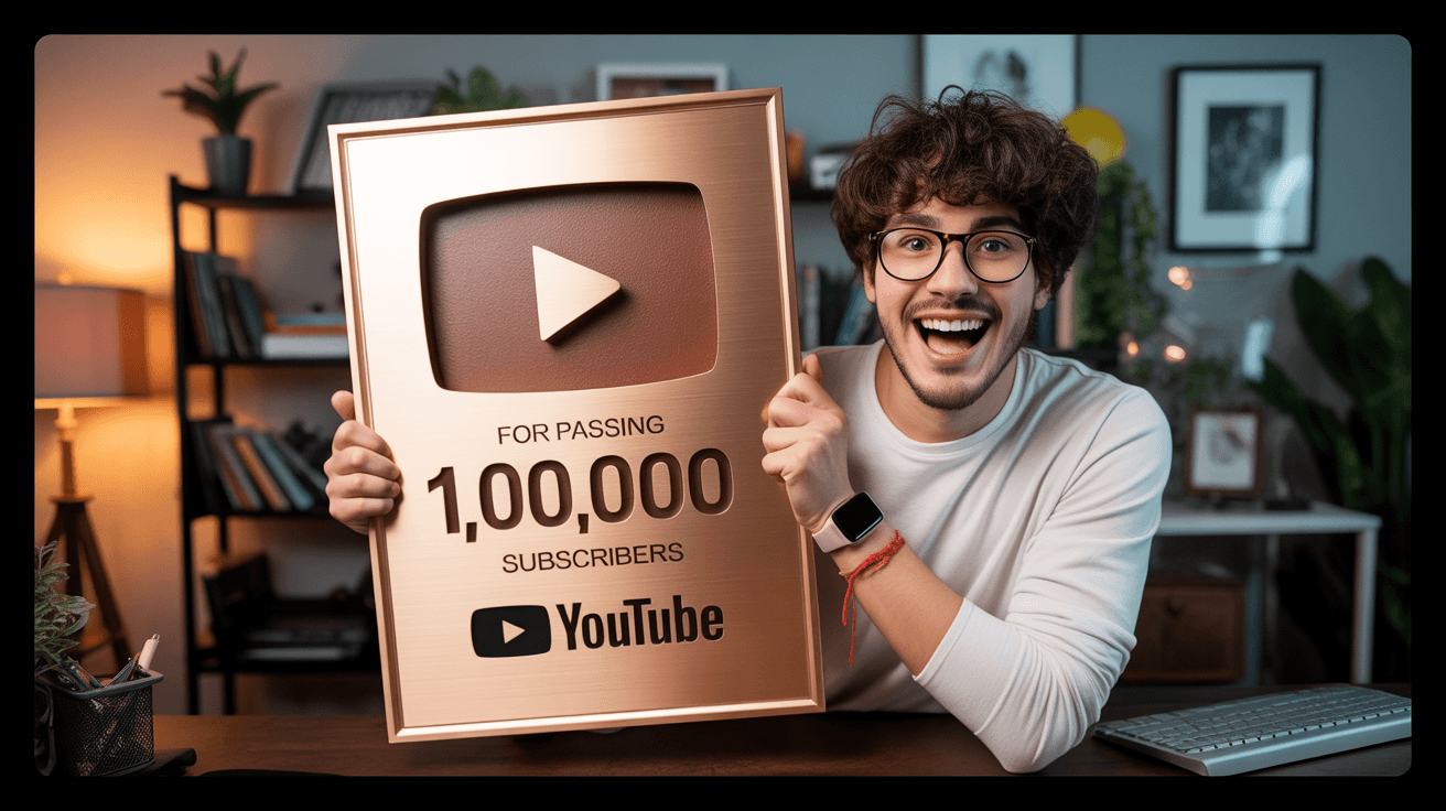 Creator holding gold YouTube award in warm office for channel growth milestone video