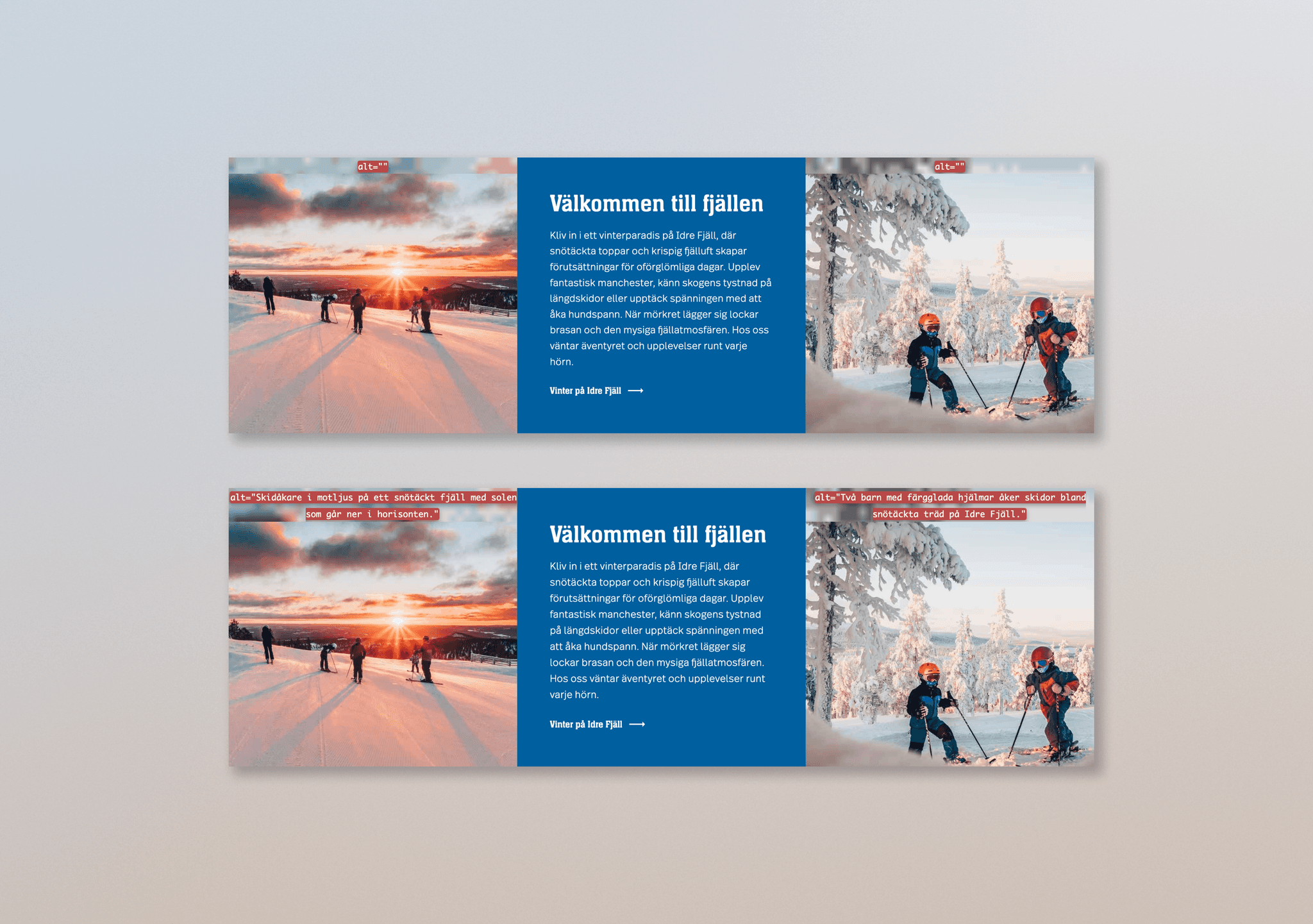 Two screenshots of the same section from Idre Fjäll’s website, the top one missing alt texts, and the bottom one showing added alt texts