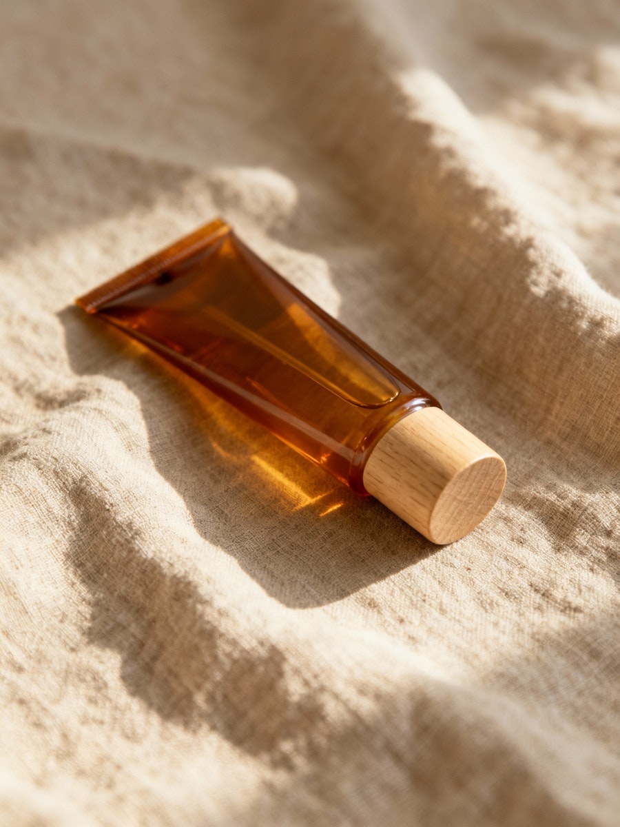 Minimal product shot of an amber glass bottle with a wooden cap resting on textured light-colored fabric in soft daylight.