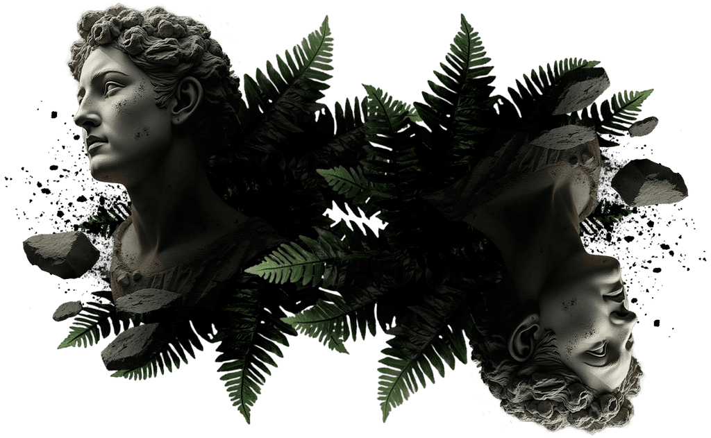 Arte de fundo com dois bustos e folhas de samambaia