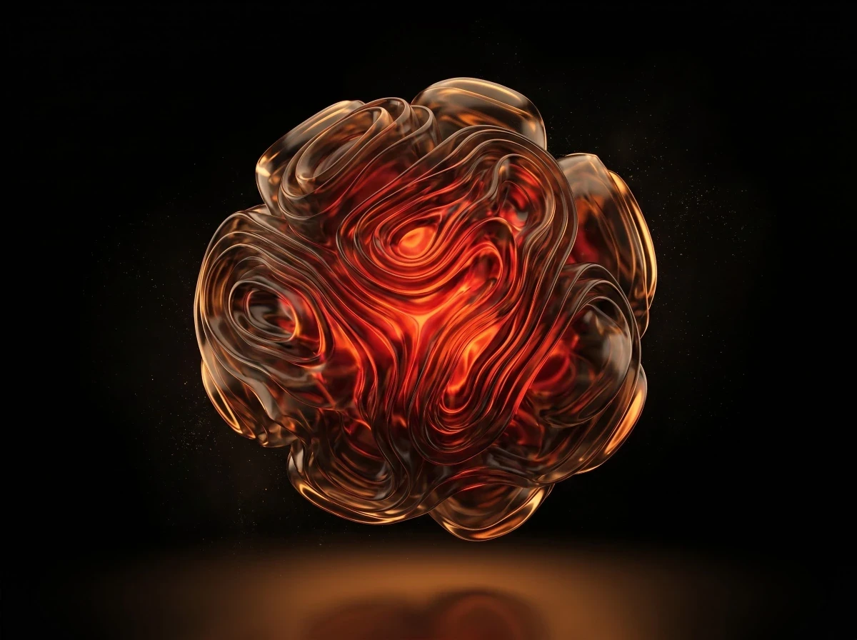 Textured translucent amber sphere with a deep red glowing center