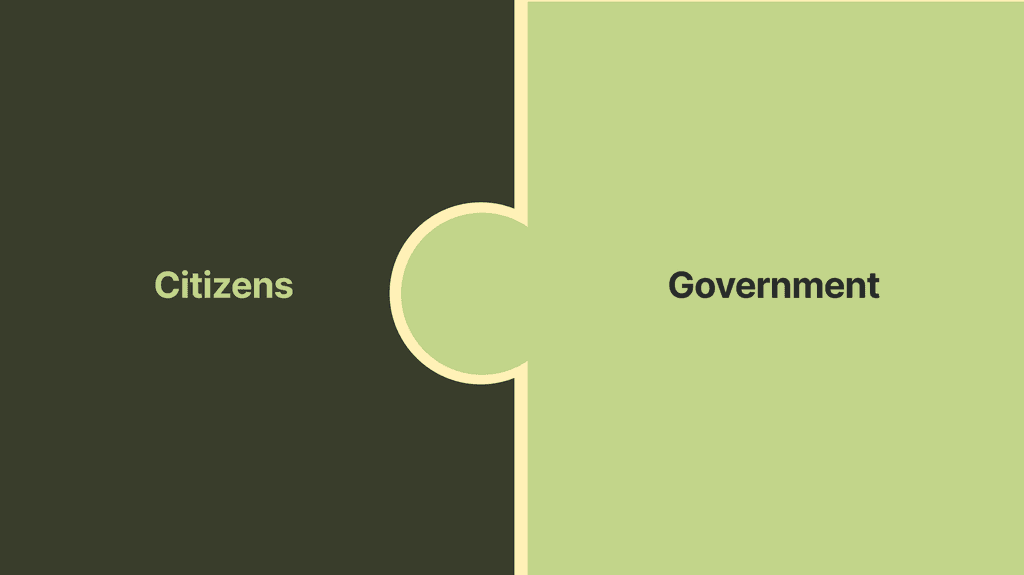 Illustration showing two puzzle pieces put together, one says "citizens" and the other says "government". 