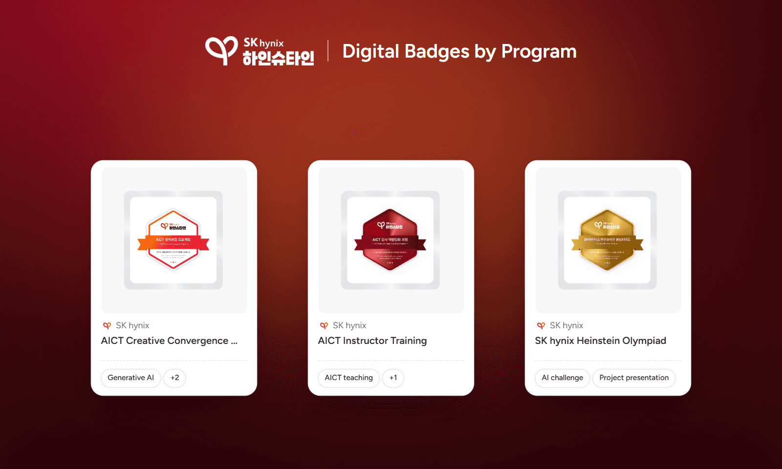 Three SK hynix Heinstein digital badges: AICT Creative Convergence Project (white), AICT Instructor Training (red), and SK hynix Heinstein Olympiad (gold)