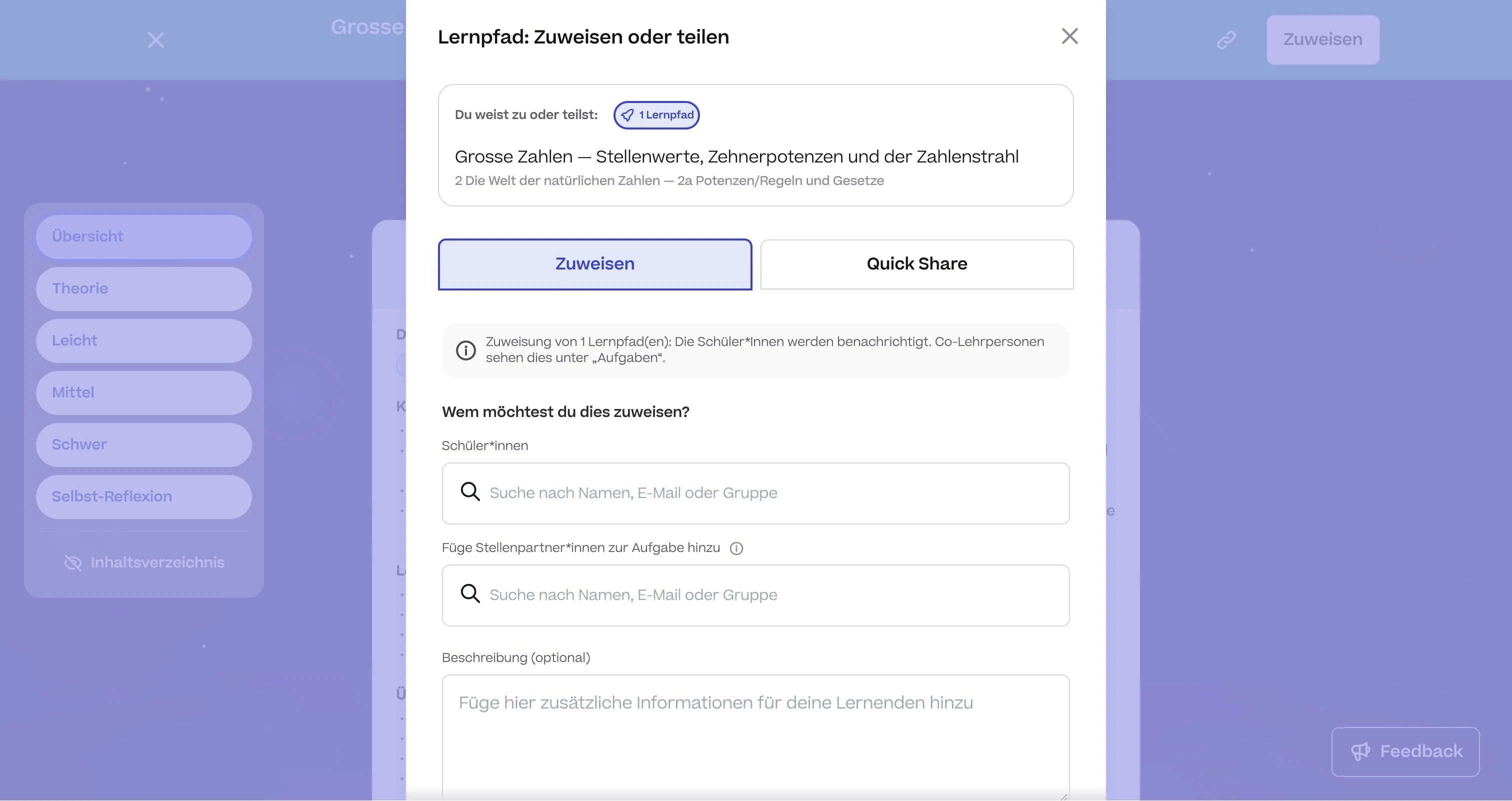 evulpo: den Lernpfad «Grosse Zahlen» zuweisen oder teilen