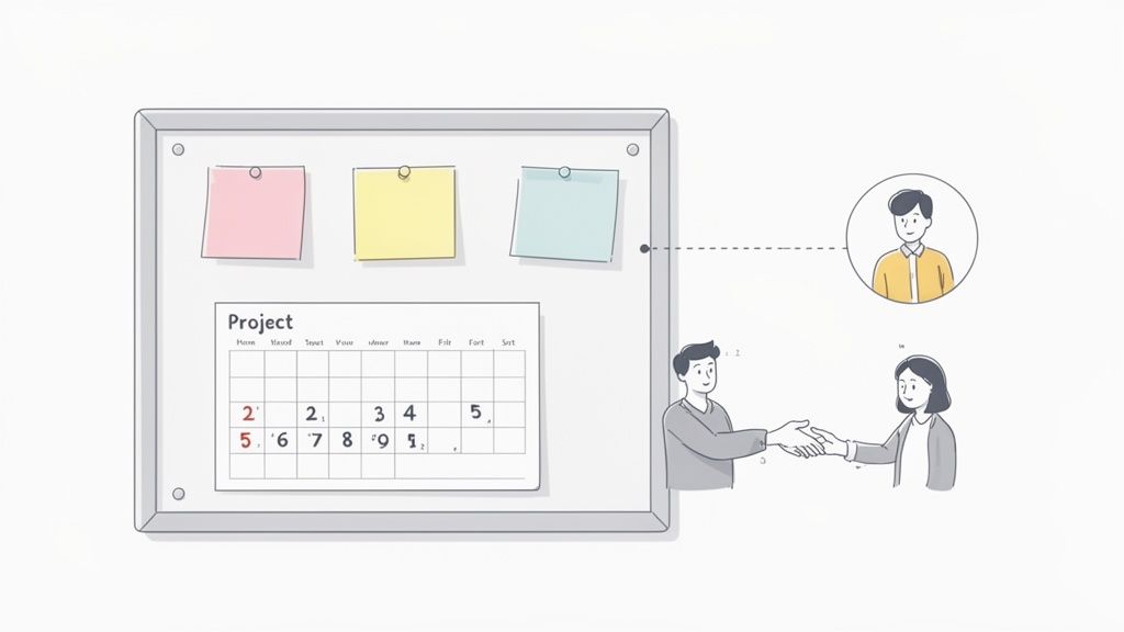 Two cartoon people shaking hands near a project board with sticky notes and a calendar, connected by a dotted line to an avatar.