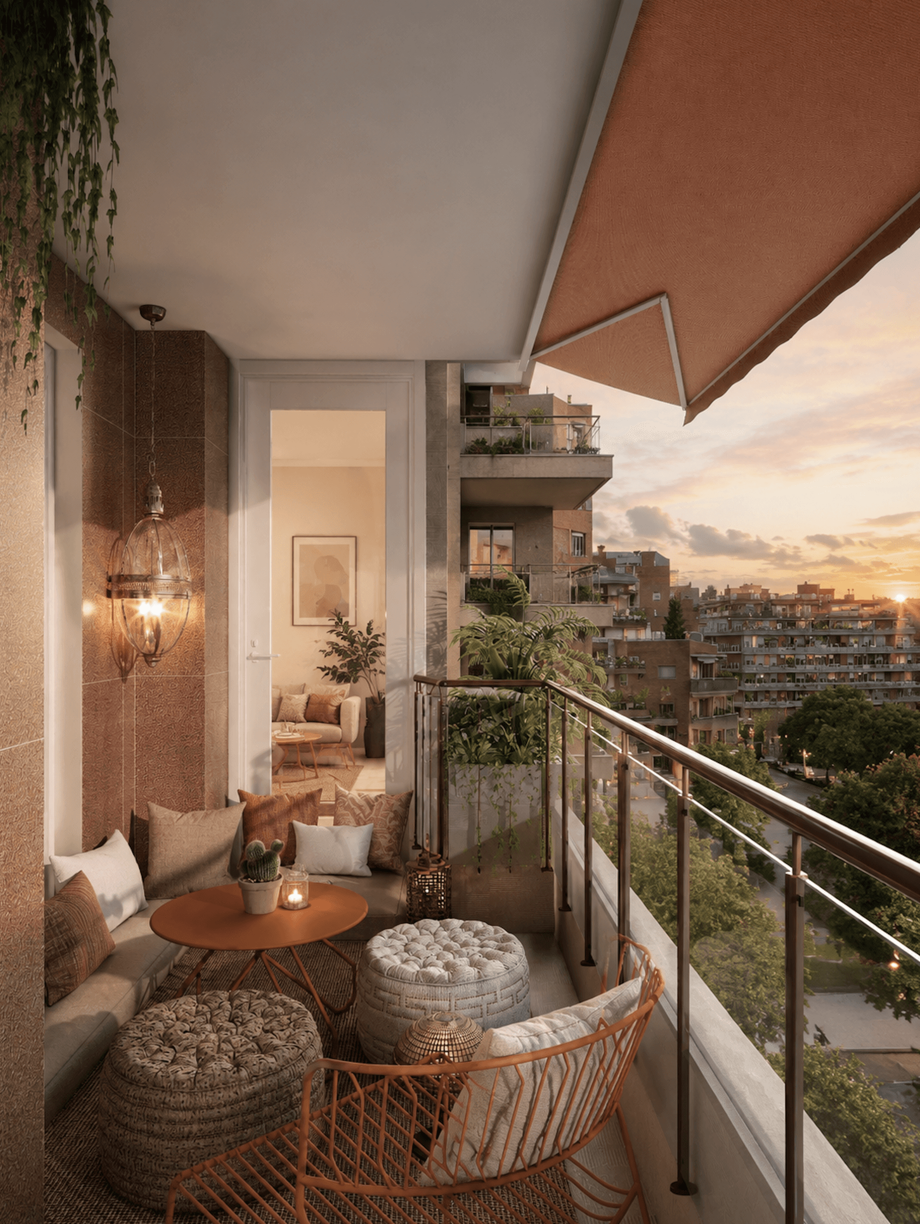Terraza urbana con zona chill out, mobiliario exterior y vistas al atardecer.