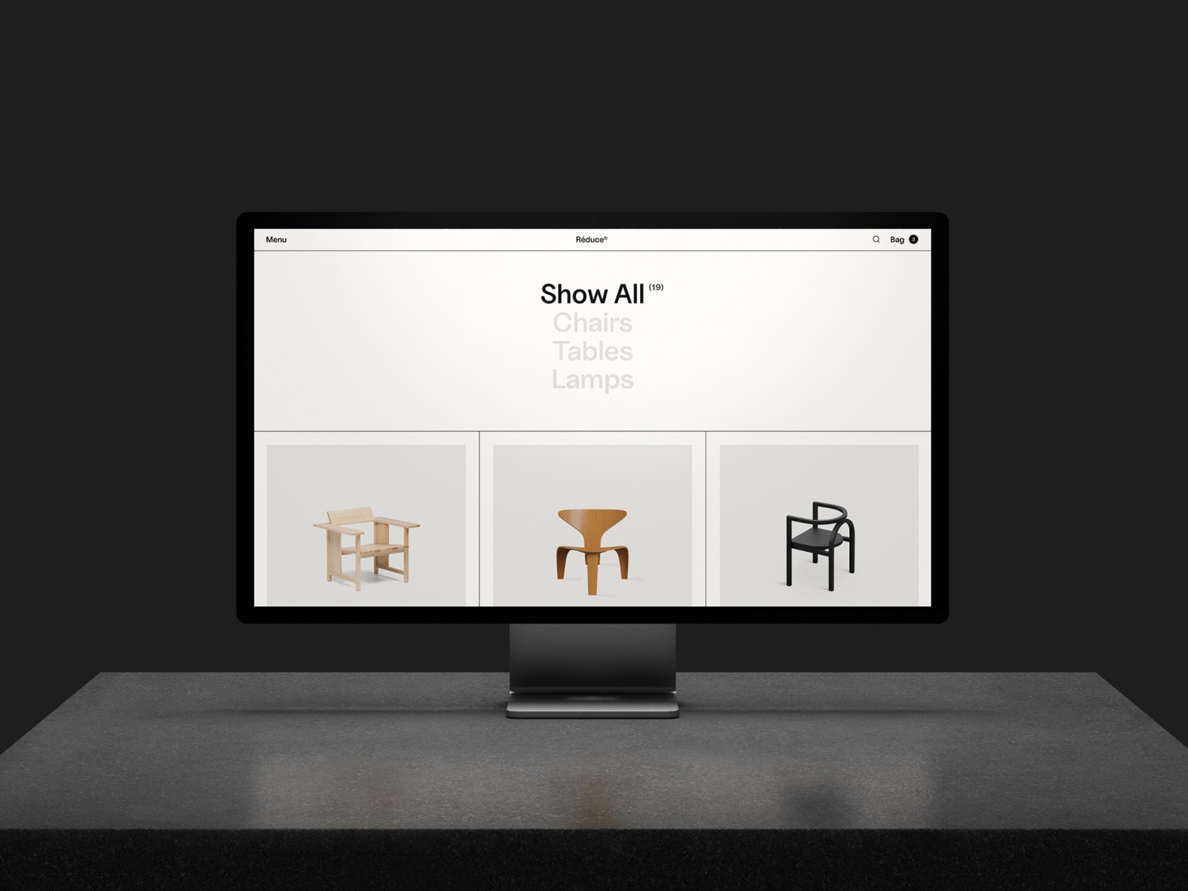 FF Shop template shown on a dark desktop monitor with a precise furniture product grid