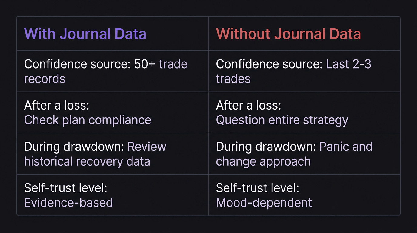Comparison table showing confidence with journaling vs without journaling