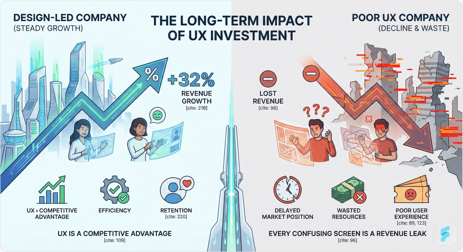 Futuristic vision contrasting two companies: one with solid UX design growing steadily and the other with poor UX design losing revenue and market position.