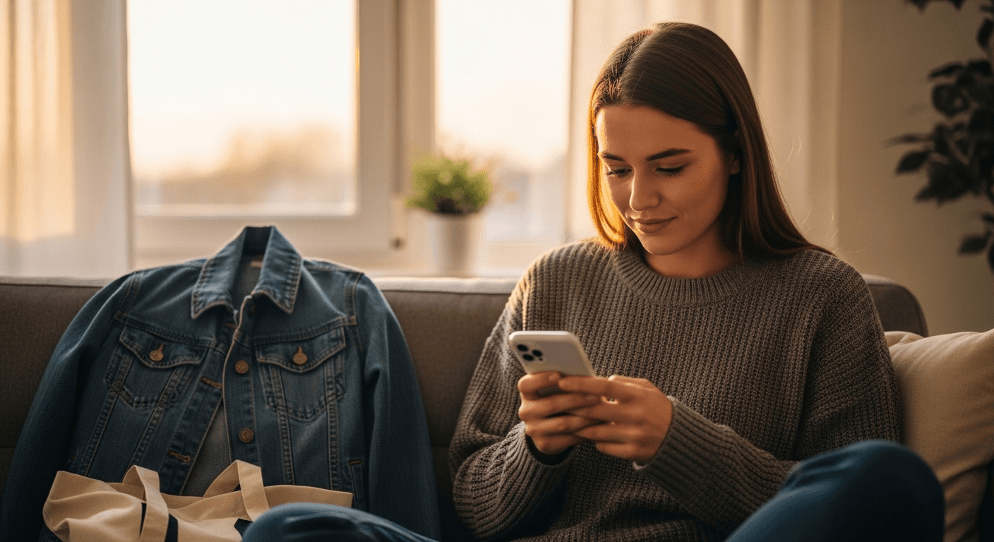 Young woman sitting on a couch looking at her phone next to a jacket and bag ready to go out