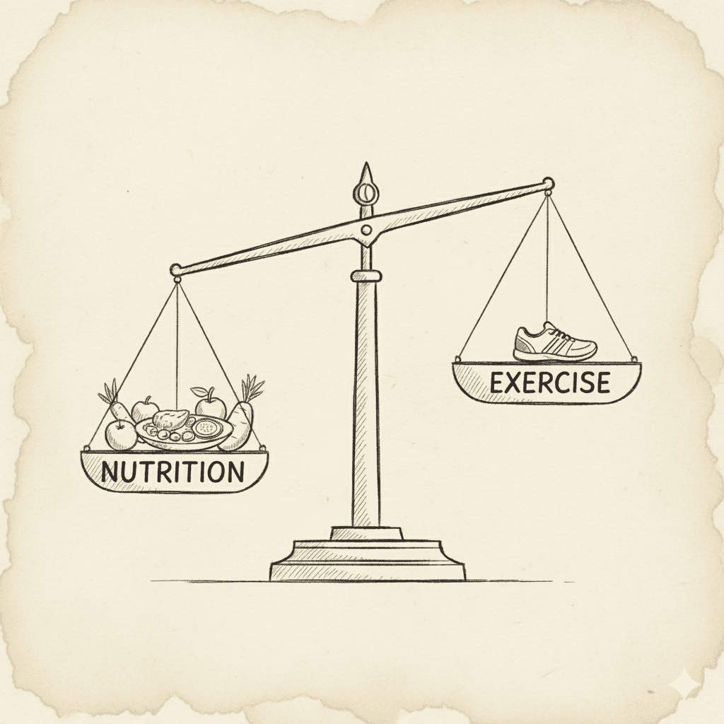 An old weight scale trying to attain balance between nutrition and exercise