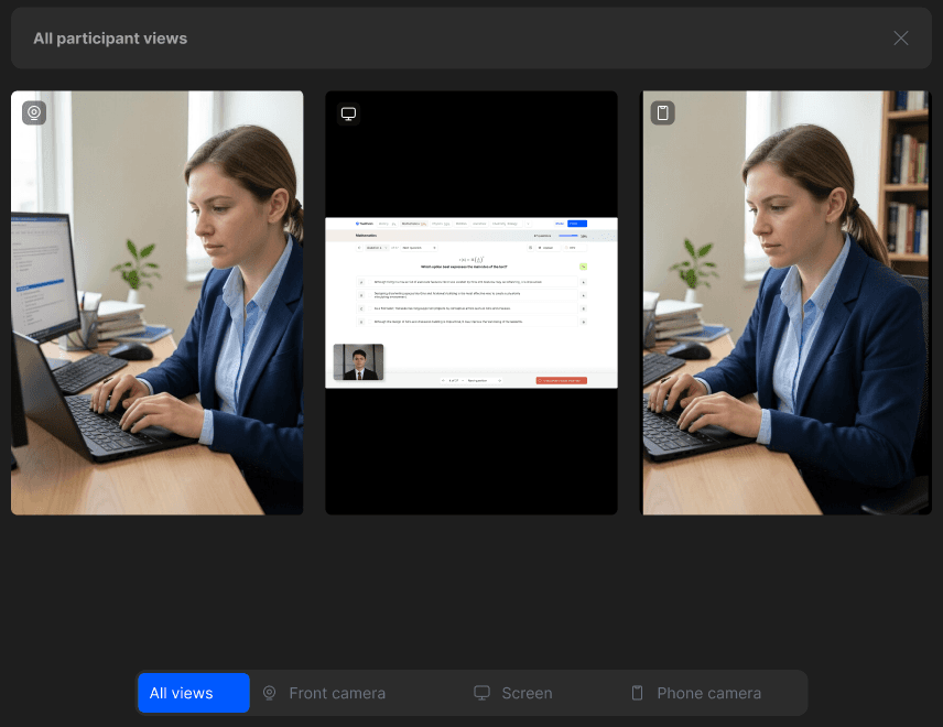 Illustrative TrustExam interface: camera views and participant screen