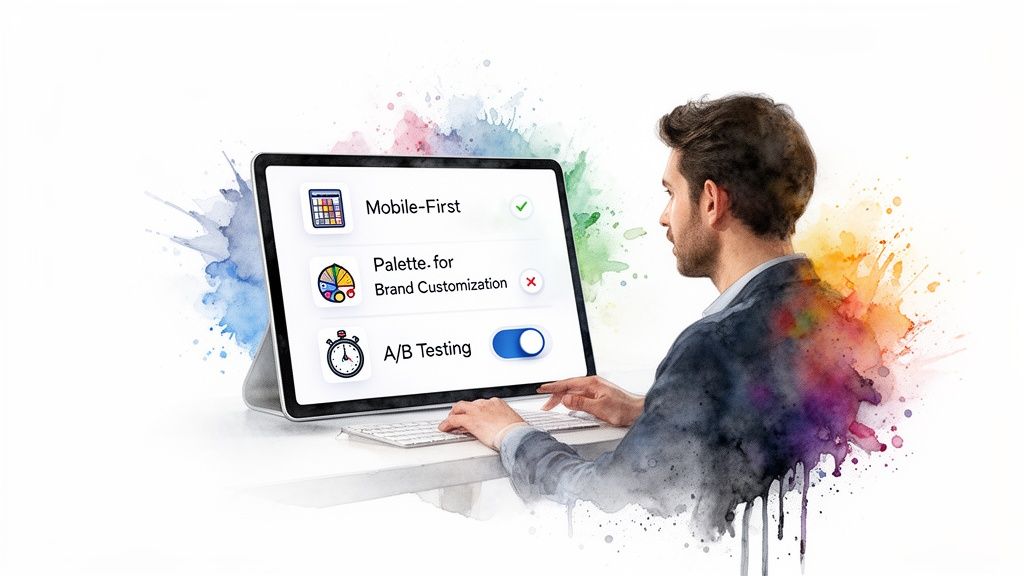 A man working on a tablet displaying options for mobile-first design, brand customization, and A/B testing.