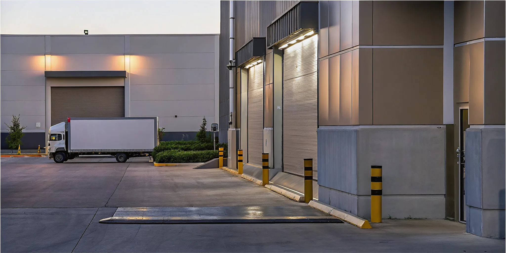 Modern commercial loading dock with security checkpoint and delivery truck at enterprise facility entrance