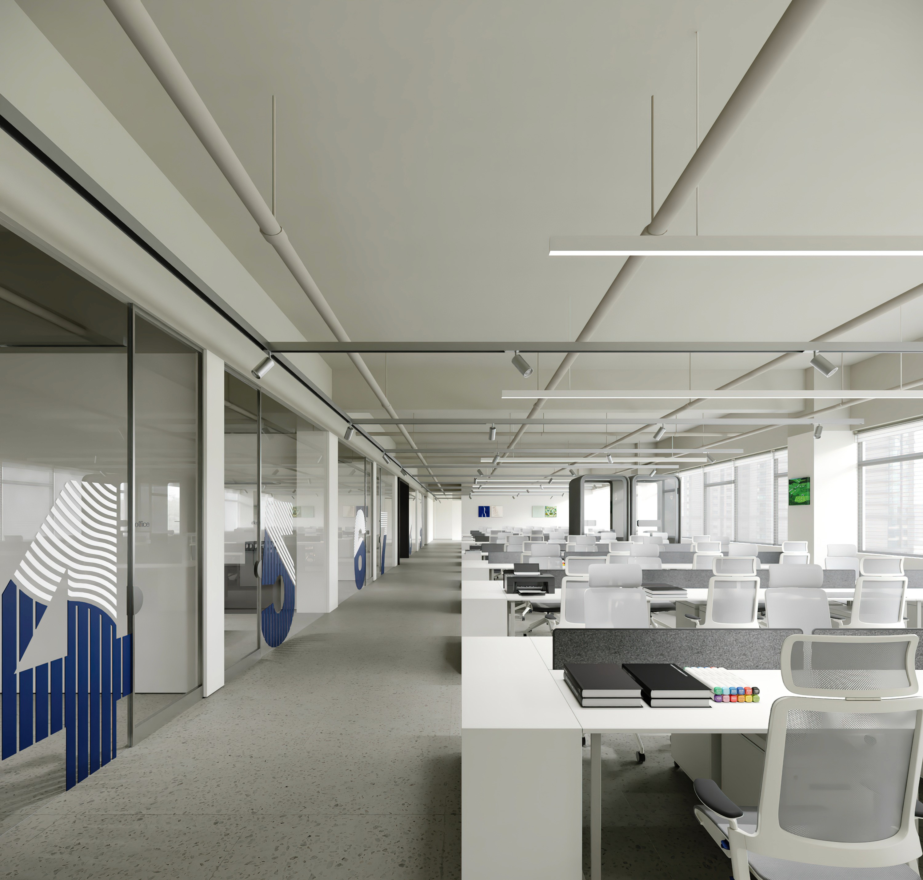 Office interior designer approach to private suites using black-framed glass for connectivity