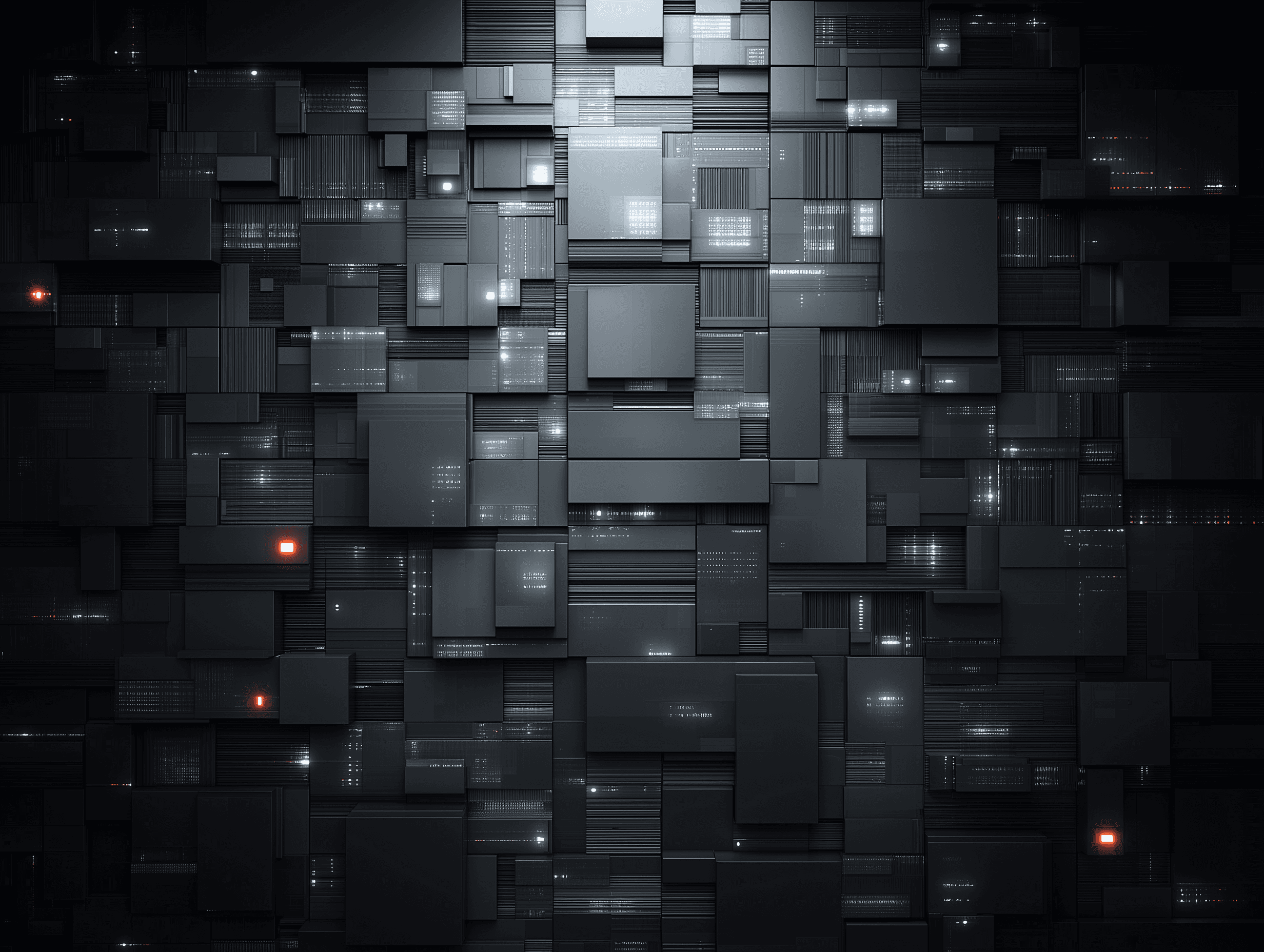 Abstract dark grid of layered rectangular panels and illuminated data blocks suggesting controlled, audit-grade logistics infrastructure.