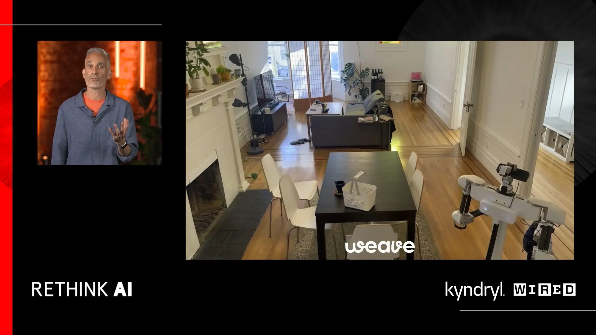Split-screen broadcast layout showing a live speaker alongside a remote guest feed during the Wired x Kyndryl “Rethink AI” stream.