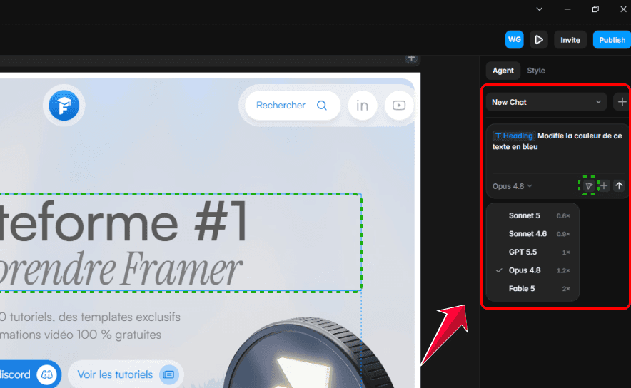 Agent Framer avec un titre sélectionné en contexte et le menu de choix du modèle IA affichant Sonnet, GPT et Opus