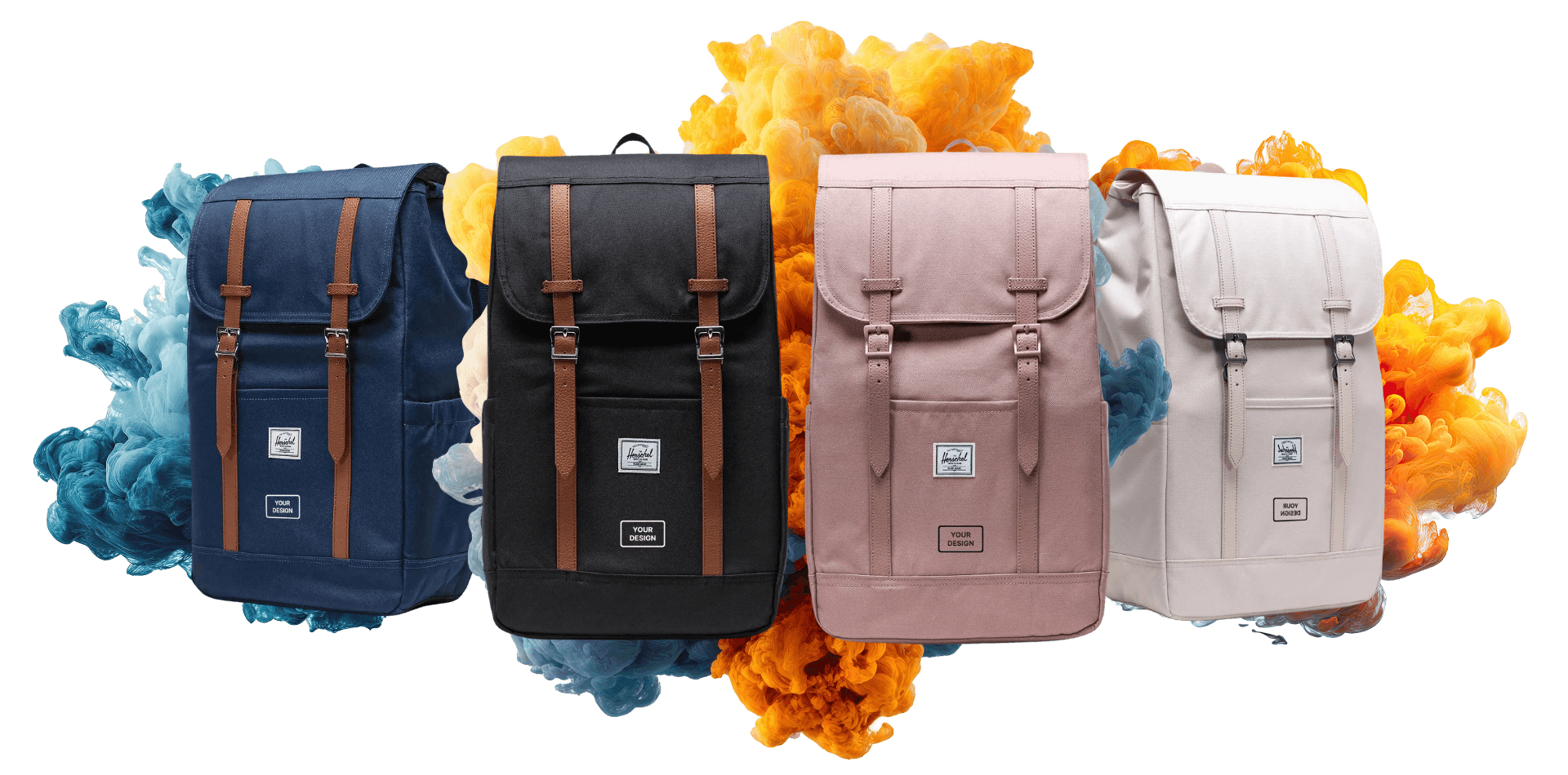 Herschel Retreat custom branded backpacks in blue, black, pink and white