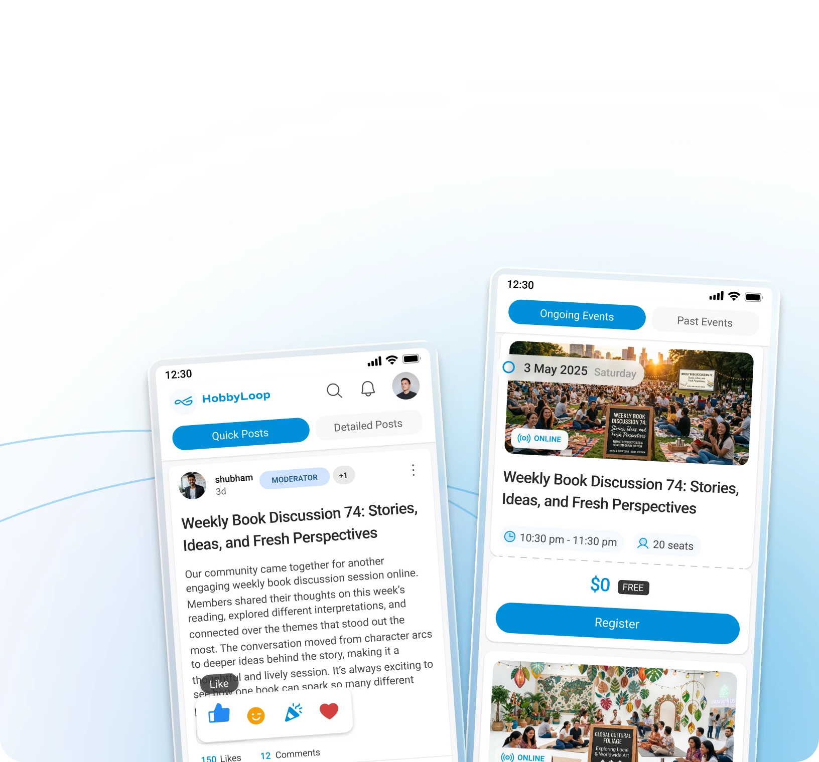 Mobile-first community app interface showing posts, reactions, and event registrations optimized for a fast native experience on smartphones.
