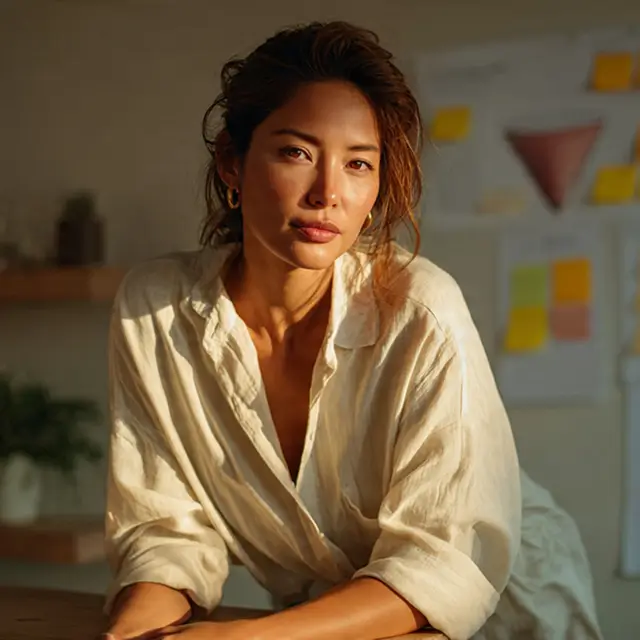 A creative professional in a relaxed white linen shirt at a wooden desk, with a brainstorming wall of sticky notes behind her in warm evening light.