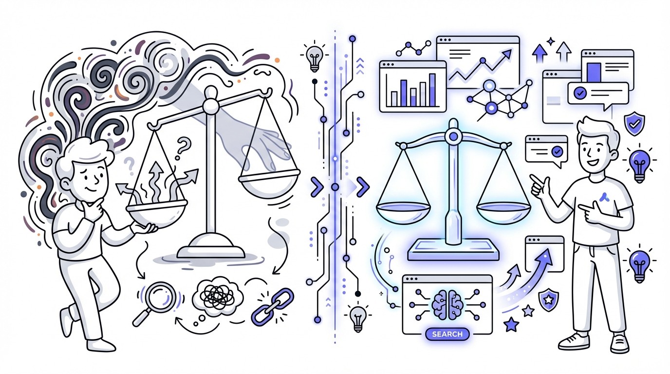 An illustration contrasting human bias with objective data and AI. On the left, a skewed weighing scale and a shadowed human silhouette represent bias with muted colors. On the right, a balanced digital scale and glowing data visualizations in cool blues and purples represent objectivity and AI.