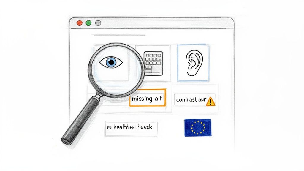 A magnifying glass inspects a browser window, highlighting web accessibility issues like missing alt text and contrast.
