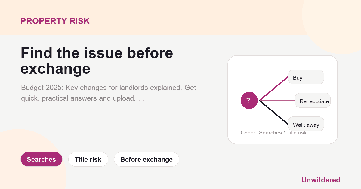 Explainer card for November 2025 UK Budget: What Landlords Need to Do Now: Searches, Title risk, Before exchange.