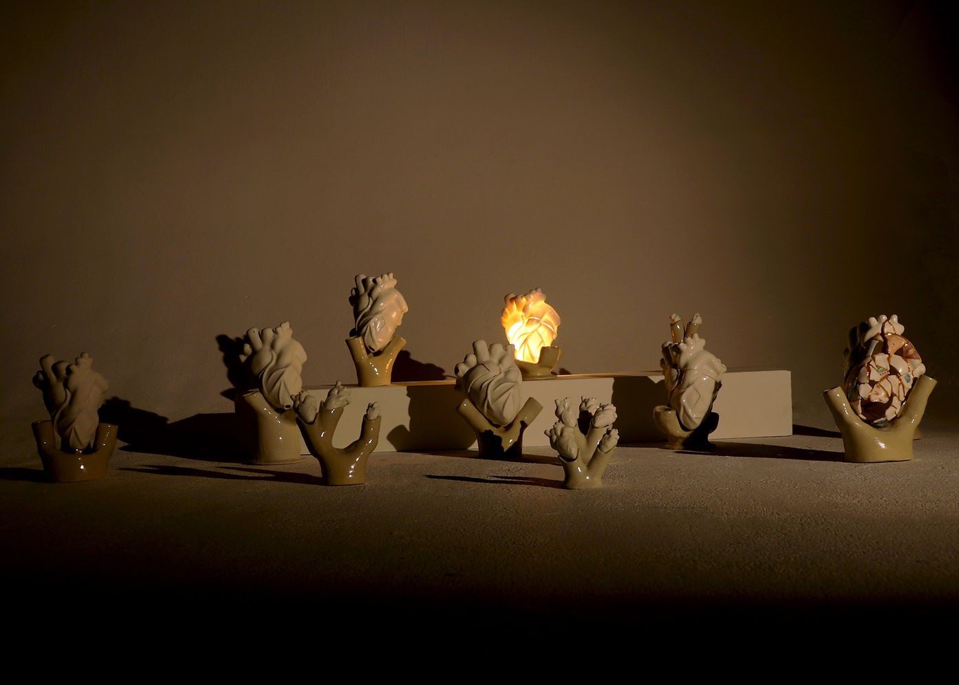 Porcelain heart by Yuxin Song, The Perfect Imperfection installation art about self love. Cubic Zirconia fired into ceramics. Gemstones fired into ceramics.