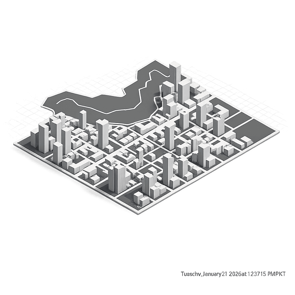 Isometric cityscape with white 3D buildings on a grid layout. A small river or park area curves through the upper section. Black background enhances contrast.