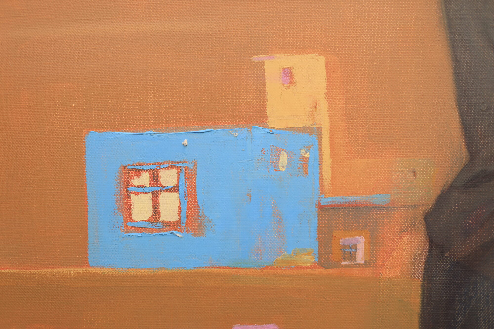 A minimalist painting depicts a small, abstract building with a bright blue facade and a simple window set against a muted brown background.