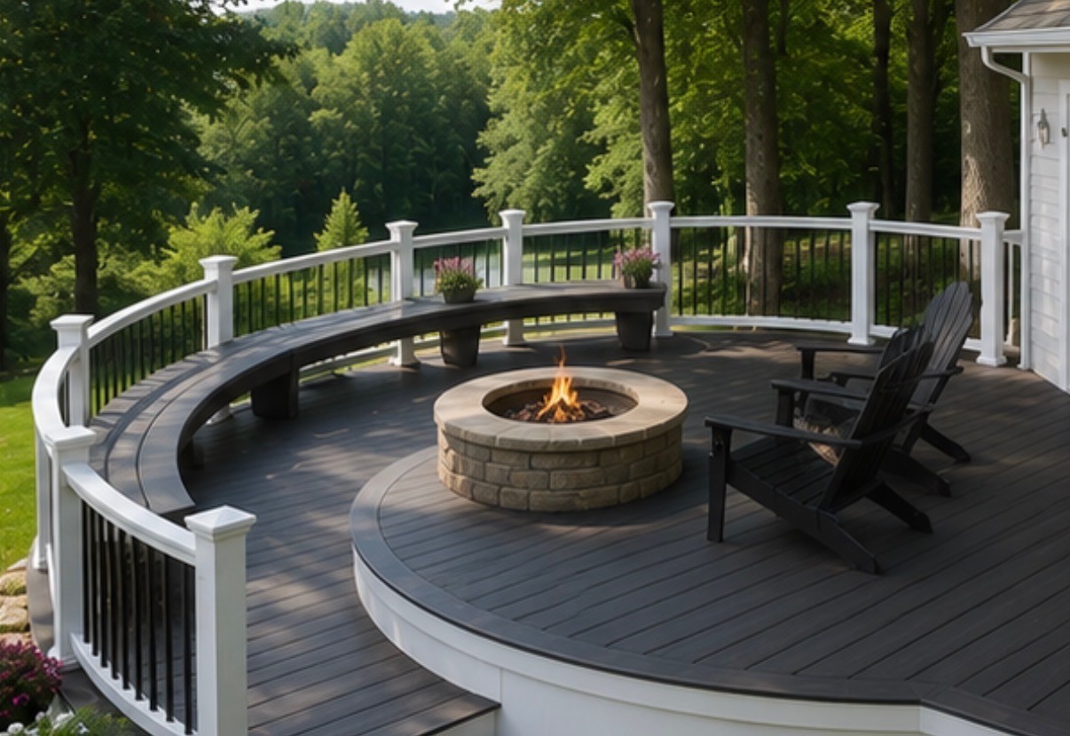 Finished backyard deck with seating and railing