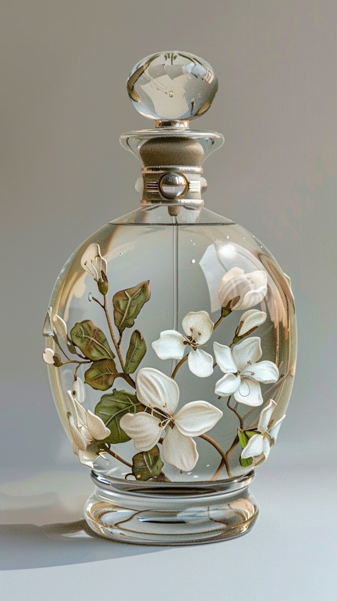 A delicate, transparent glass perfume bottle is adorned with intricate, embossed jasmine flower designs, contrasting beautifully against a soft gray background.