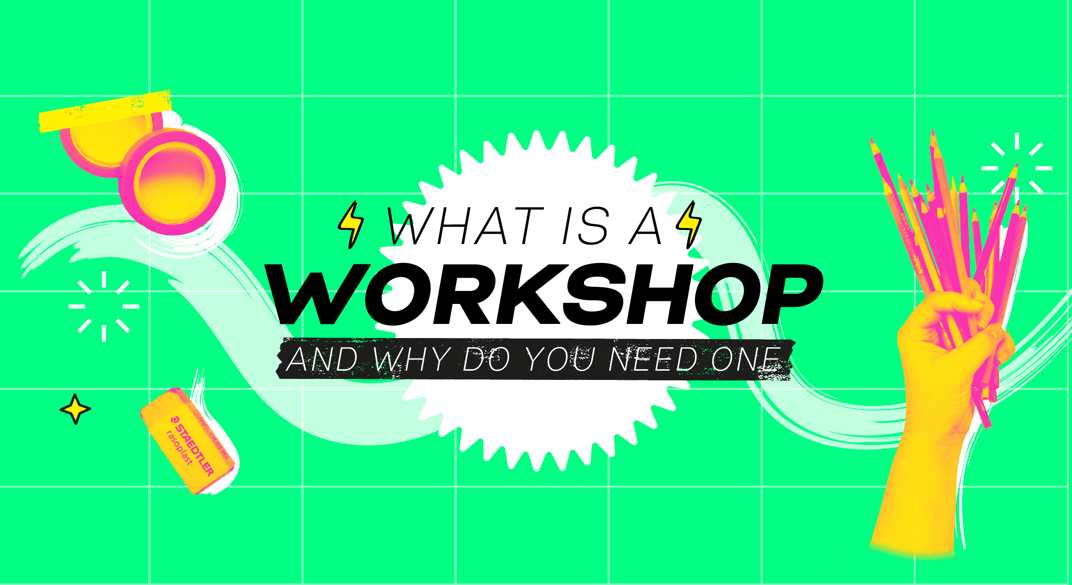 What Is a Workshop banner with whistle, eraser, hand holding pencils, and starburst on green grid background