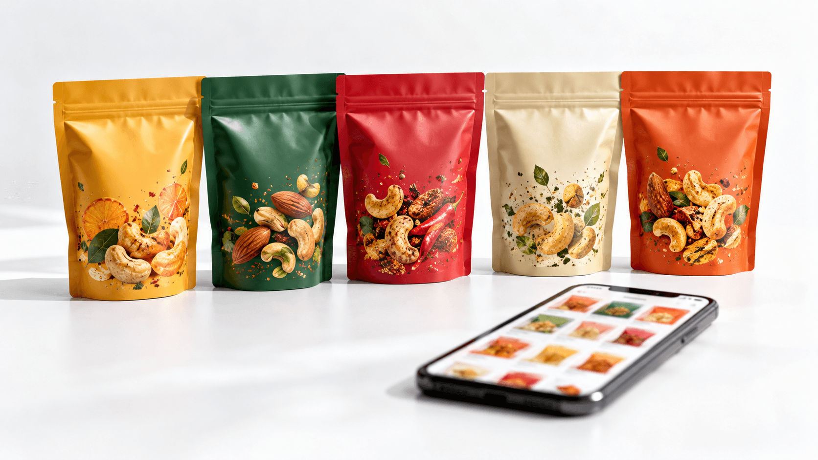 Row of five colourful snack pouches beside a smartphone showing a grid of small product tiles