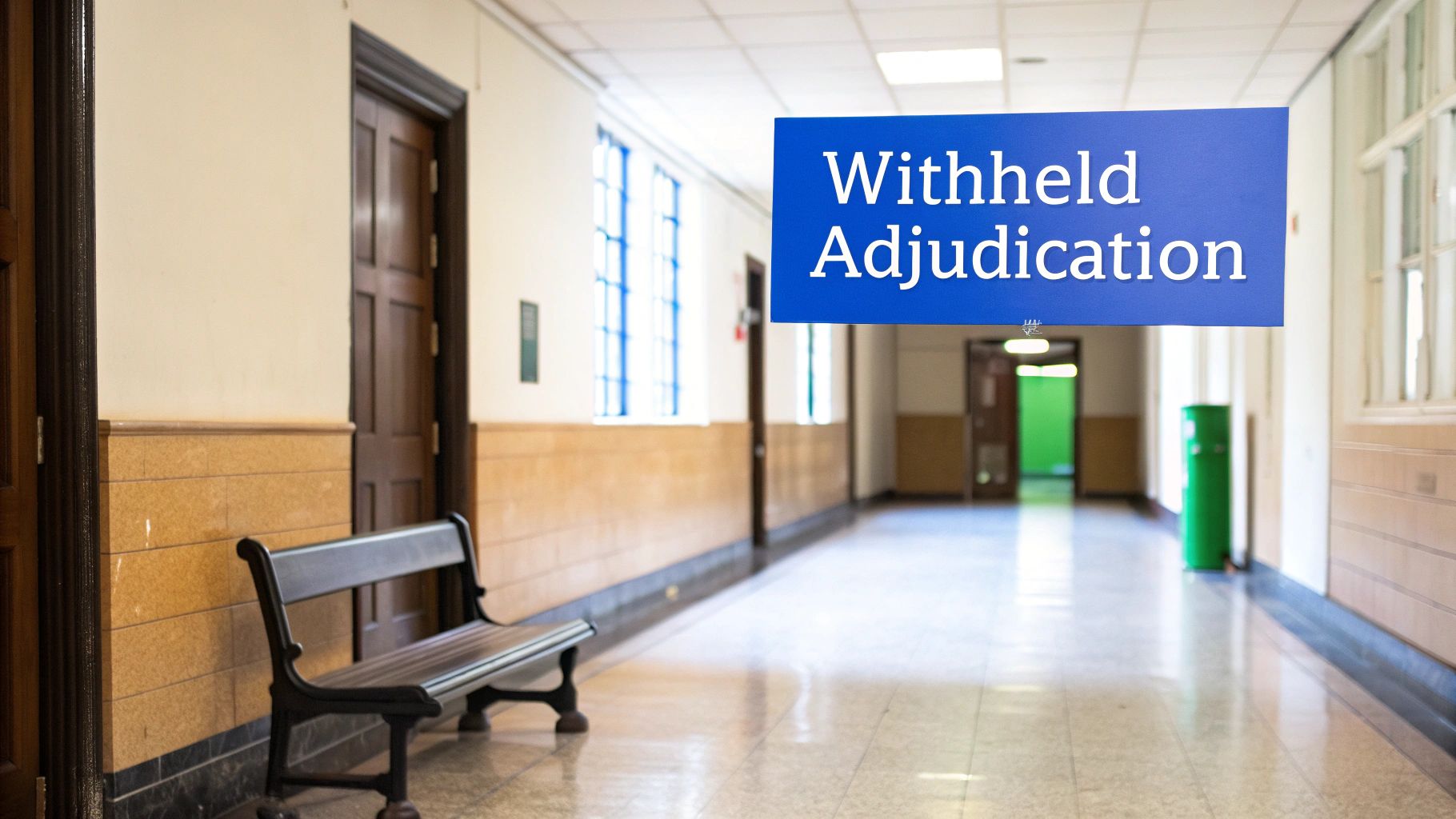 A long, empty courthouse hallway with a blue sign overhead reading 'Withheld Adjudication'.