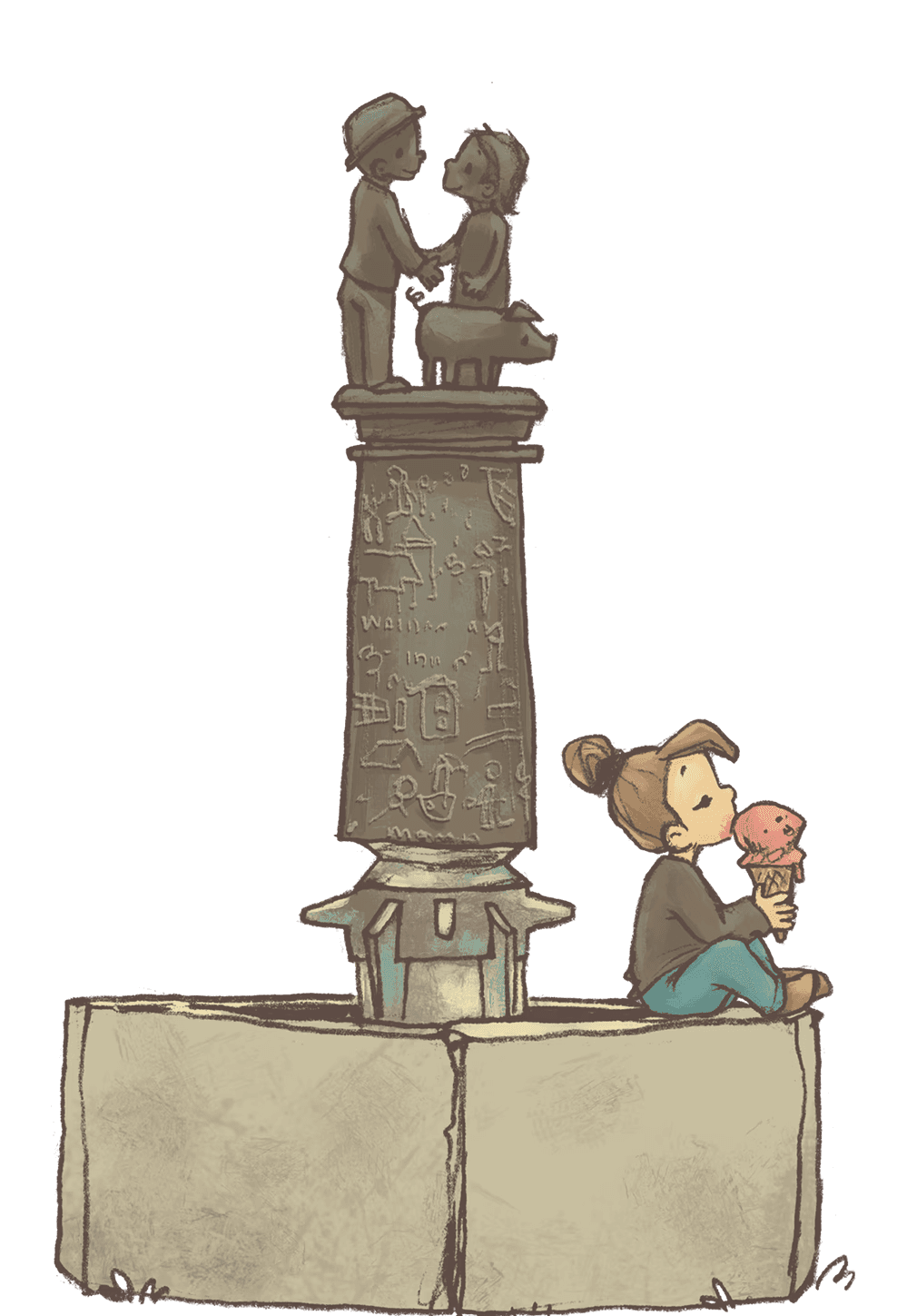 Ein junges Mädchen sitz auf dem Rand eines Brunnens und isst ihr Eis. In der Mitte des Brunnes befindet sich eine große Statue von einem Paar, dass Händchen hält.