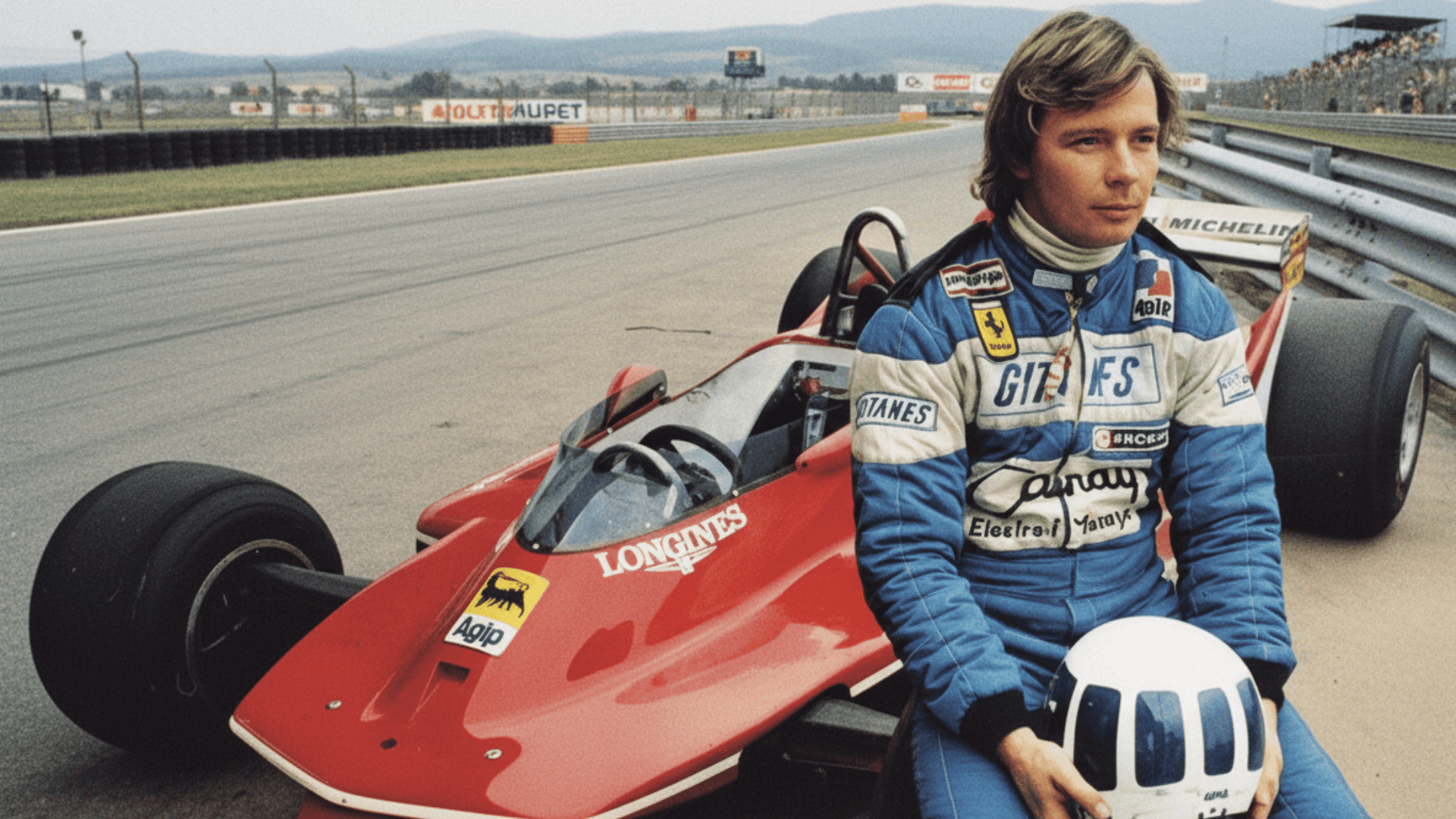 Didier Pironi in blue racing suit seated on red Ferrari F1 cockpit at 1980s Grand Prix, Longines Gitanes Elf sponsors, helmet with visor, capturing the cold precision of Enzo Ferrari's favored driver