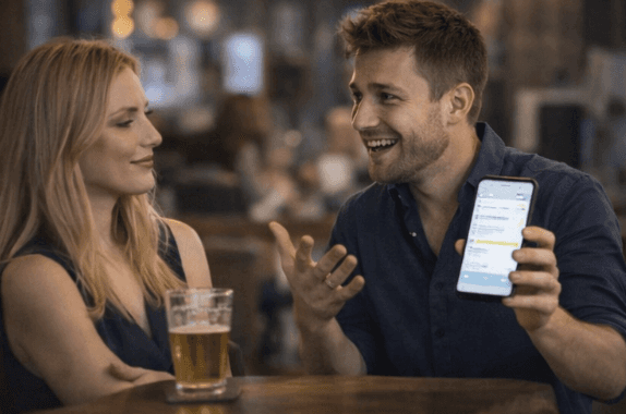 ein mann sitzt mit einer frau in der bar, der mann hält sein handy in der hand