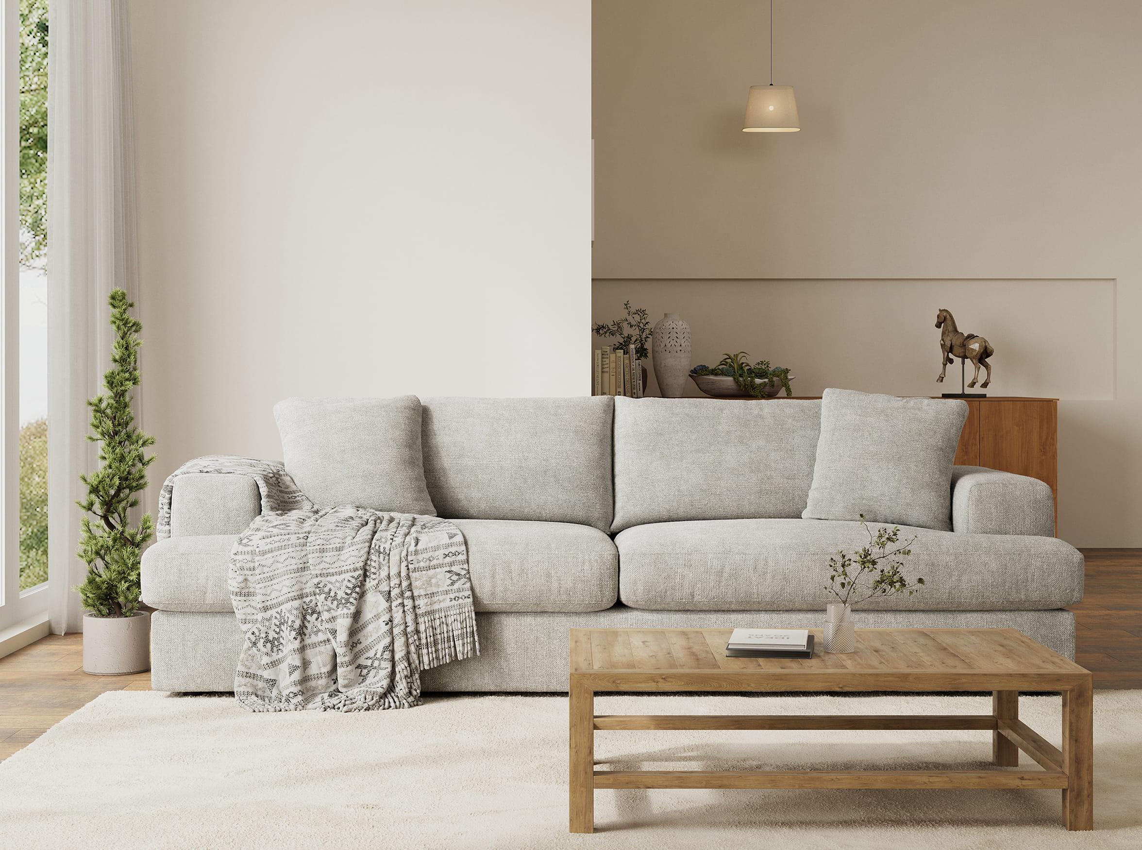 Modern living room 3D visualization with sofa and interior decor setup