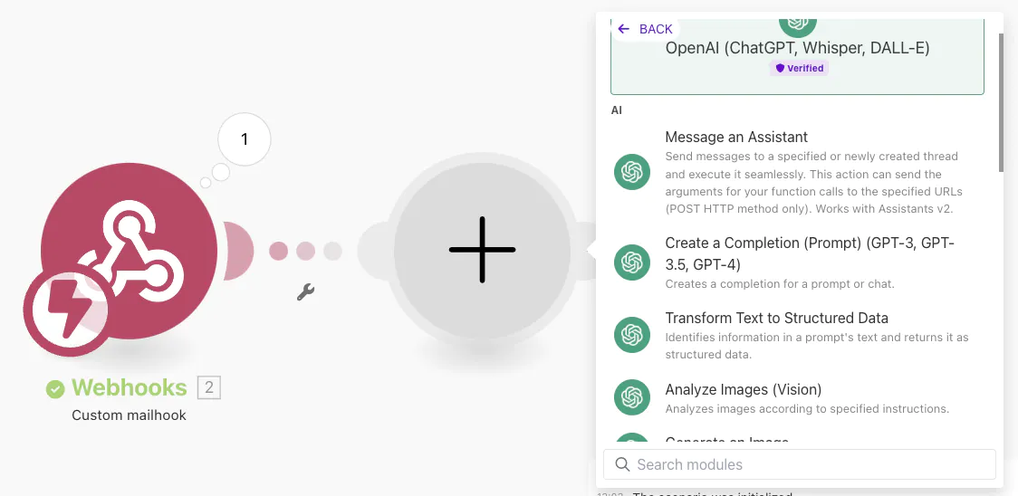 Here's an appropriate alt text for this image: "Make.com interface showing Webhooks module and OpenAI integration options for automated Slack alerts setup